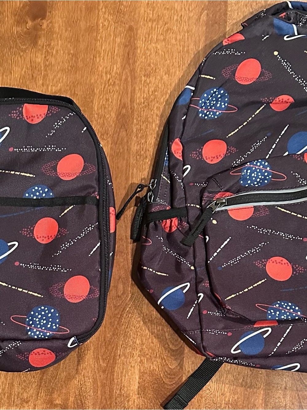 New! Hanna Andersson Black Backpack and Lunch Bag with Red and Blue Planet Print